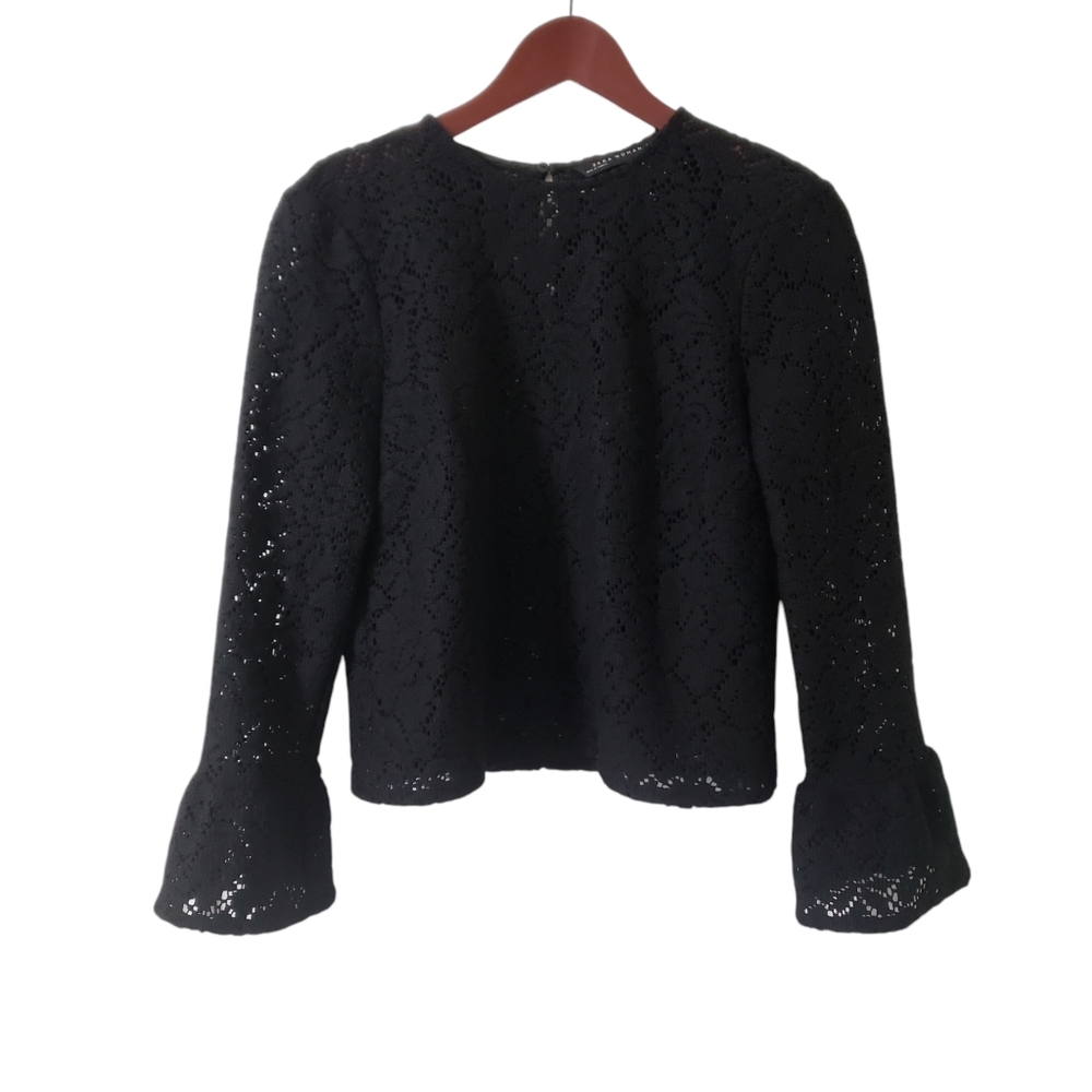 Zara Woman Black Crochet Knit Lace Top Medium Bell Sleeve Whimsigoth Boho Witch